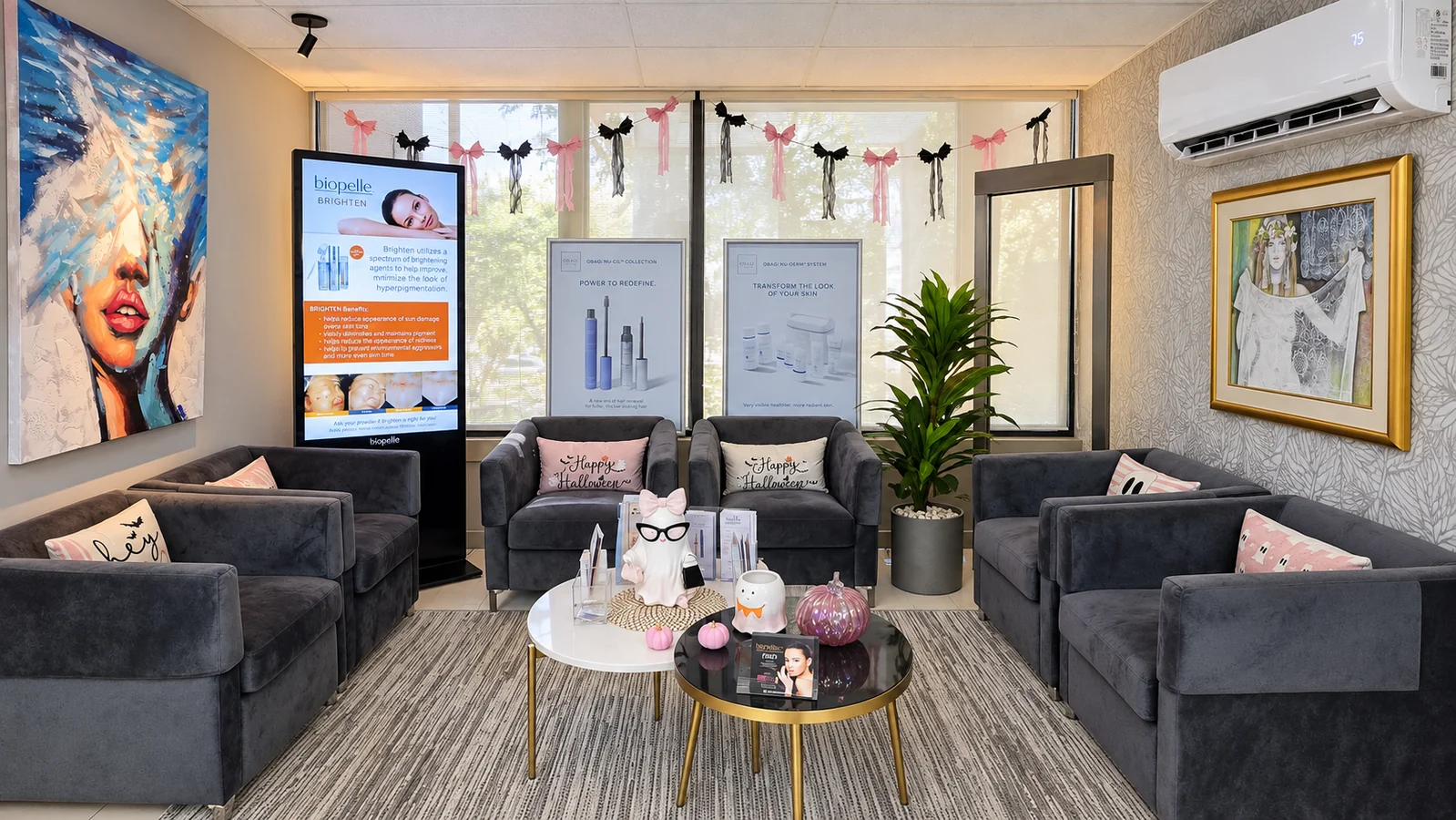 VIP Botox waiting room with charcoal armchairs, artwork and glass coffee tables
