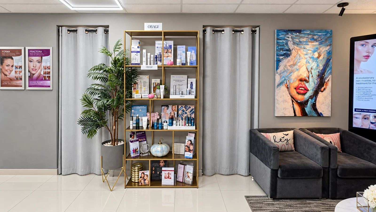 Skincare display, greenery and seating in the VIP Botox waiting area